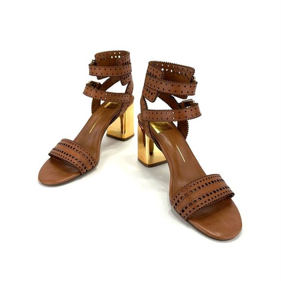 Dolce Vita Straps Sandal Sz 9.5 Brown Leather Gold Block High Heel Laser-Cut New - Picture 2 of 15